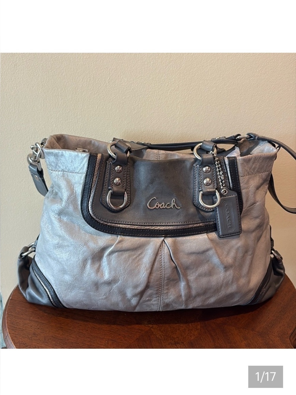 Coach 17096  Ashley  tri-color satchel shoulder/Crossbody bag  leather gray 
EUC